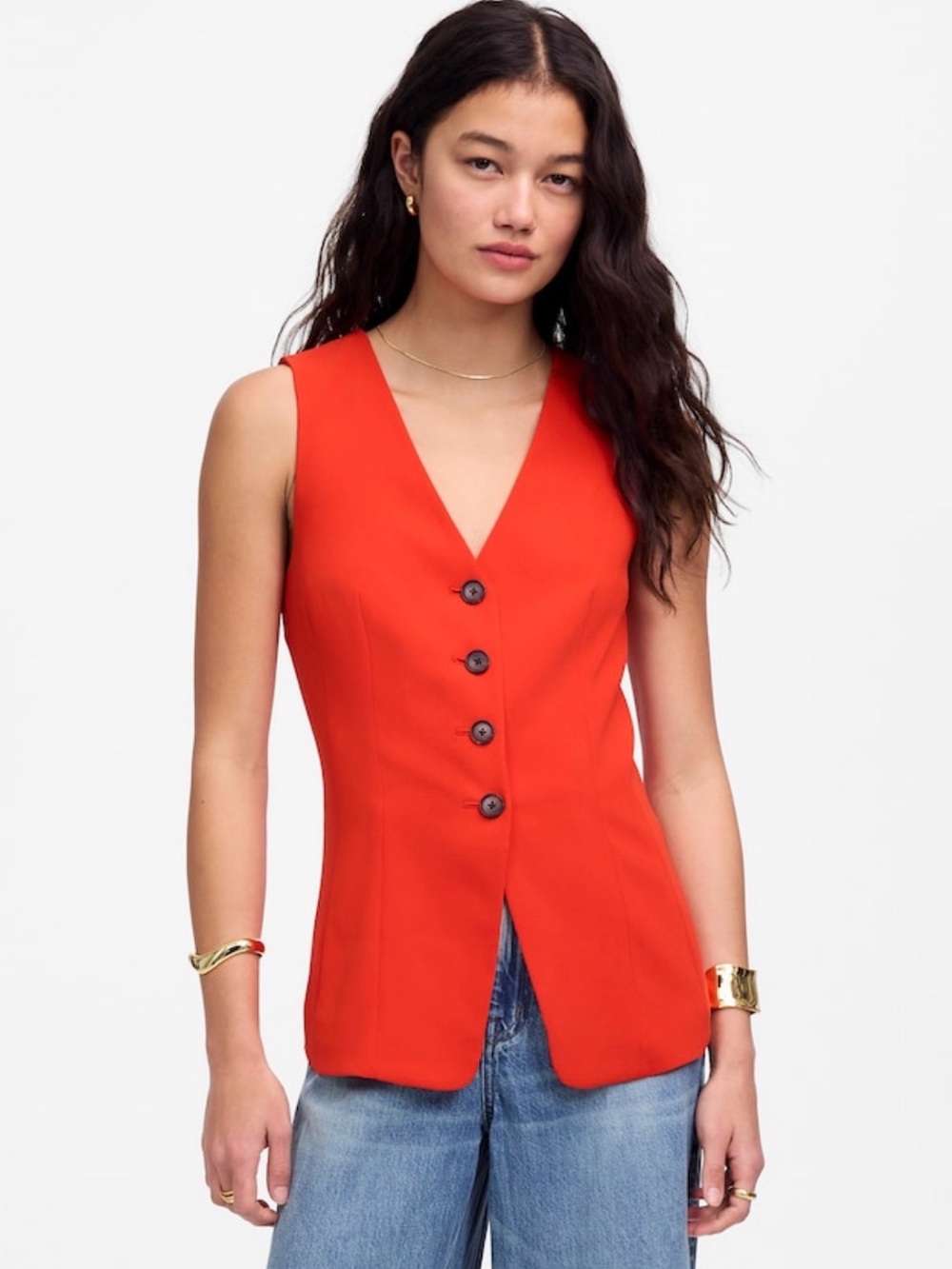 Madewell V-Neck Button Front Sleeveless Vest in Bright Orange
